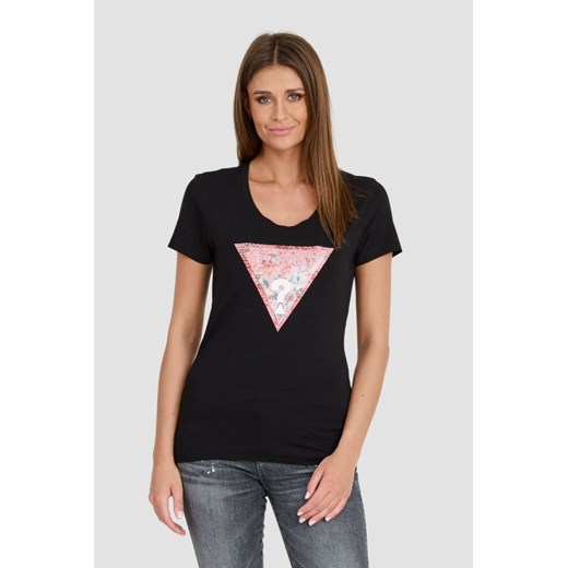 GUESS Czarny t-shirt Satin Triangle Tee, Wybierz rozmiar L ze sklepu outfit.pl w kategorii Bluzki damskie - zdjęcie 173281499