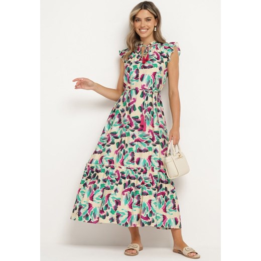 Beżowo-Fioletowa Rozkloszowana Sukienka z Materiałowym Paskiem w Talii i Wiązanym Dekoltem Dimorri ze sklepu Born2be Odzież w kategorii Sukienki - zdjęcie 173283259