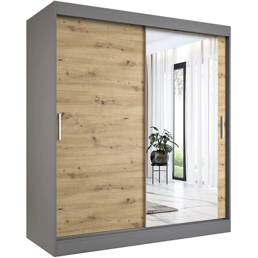 Szafa przesuwna antracyt + dąb artisan 180 cm T5-F11 ze sklepu Edinos.pl w kategorii Szafy - zdjęcie 173285106