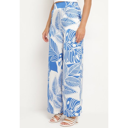 Niebiesko-Białe Szerokie Spodnie z Wysokim Stanem i Gumką w Pasie Dimmira ze sklepu Born2be Odzież w kategorii Spodnie damskie - zdjęcie 173285676