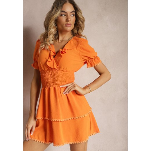 Pomarańczowa Rozkloszowana Sukienka z Gumką w Talii i Ozdobnymi Falbankami przy Dekolcie Arcidia ze sklepu Renee odzież w kategorii Sukienki - zdjęcie 173286379