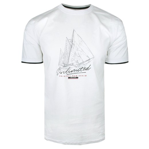 T-Shirt Męski - Biały z Motywem Żaglowca - Pako Jeans TSPJNS13stormBI ze sklepu JegoSzafa.pl w kategorii T-shirty męskie - zdjęcie 173293129