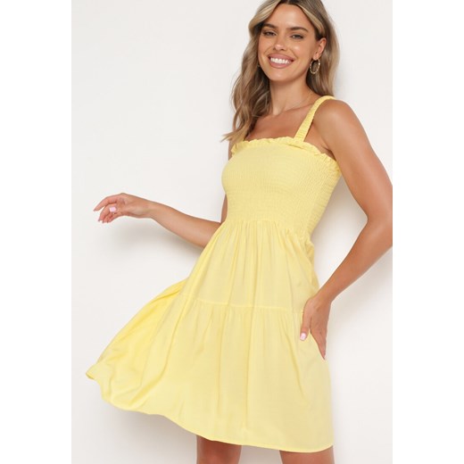 Żółta Sukienka na Ramiączkach z Gumką w Talii i Falbankami Tiamaree ze sklepu Born2be Odzież w kategorii Sukienki - zdjęcie 173293256