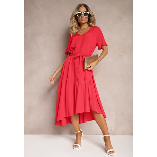 Czerwona Pudełkowa Sukienka z Falbankami i Materiałowym Paskiem w Talii Dimrias ze sklepu Renee odzież w kategorii Sukienki - zdjęcie 173296389