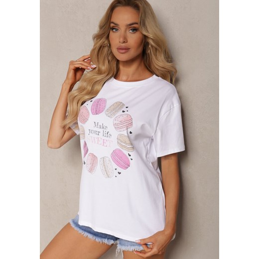 Różowy T-shirt z Bawełny z Ozdobnym Nadrukiem i Cyrkoniami Tessera Renee ONE SIZE okazyjna cena Renee odzież