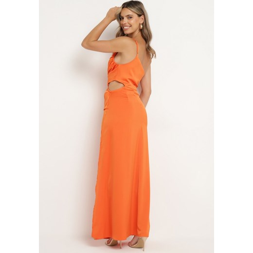 Pomarańczowa Satynowa Sukienka Asymetryczna Koktajlowa z Wycięciami w Talii i L okazja Born2be Odzież