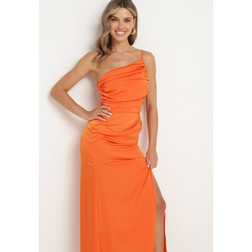 Pomarańczowa Satynowa Sukienka Asymetryczna Koktajlowa z Wycięciami w Talii i M okazja Born2be Odzież