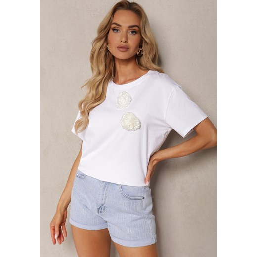 Biały Bawełniany T-shirt z Ozdobną Aplikacją Kwiatu Risabelle ze sklepu Renee odzież w kategorii Bluzki damskie - zdjęcie 173301716