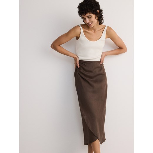 Reserved - Kopertowa spódnica midi z lnu - brązowy ze sklepu Reserved w kategorii Spódnice - zdjęcie 173303156