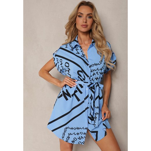 Niebieska Sukienka o Koszulowym Kroju z Materiałowym Paskiem i Wzorem w Kształcie Napisów Horetta ze sklepu Renee odzież w kategorii Sukienki - zdjęcie 173304705