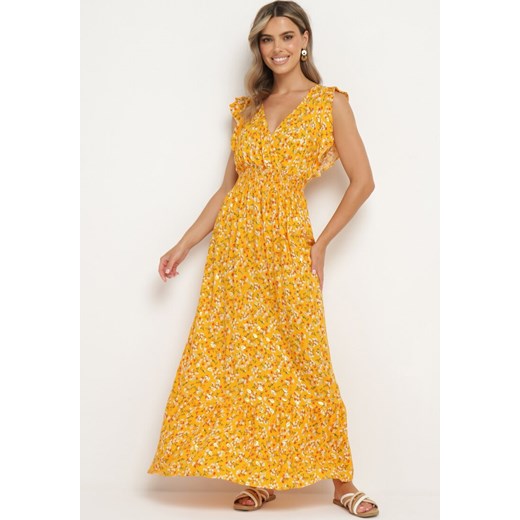 Żółta Wiskozowa Sukienka z Gumką w Talii z Kopertowym Dekoltem i Falbankami Voaladia ze sklepu Born2be Odzież w kategorii Sukienki - zdjęcie 173305235