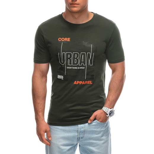 T-shirt męski z nadrukiem 1951S - ciemnozielony ze sklepu Edoti w kategorii T-shirty męskie - zdjęcie 173307876