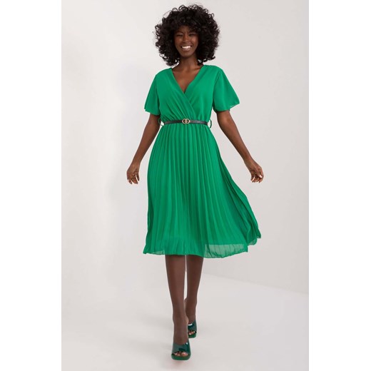 Zielona elegancka plisowana sukienka midi z paskiem Italy Moda one size 5.10.15