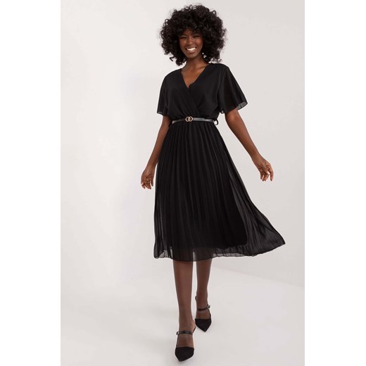 Elegancka plisowana sukienka midi z paskiem- czarna ze sklepu 5.10.15 w kategorii Sukienki - zdjęcie 173307996