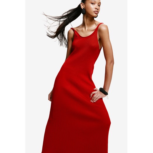 H & M - Długa sukienka z dzianiny w prążki - Czerwony H & M L H&M