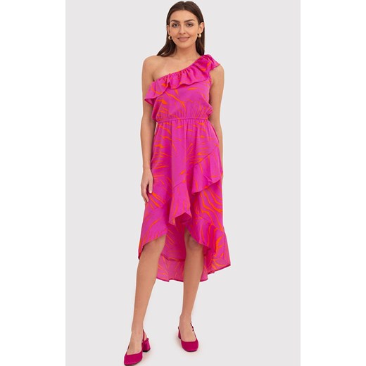 Sukienka z falbanką na jedno ramię DA1722, Kolor różowy-wzór, Rozmiar L, AX Paris ze sklepu Primodo w kategorii Sukienki - zdjęcie 173314079