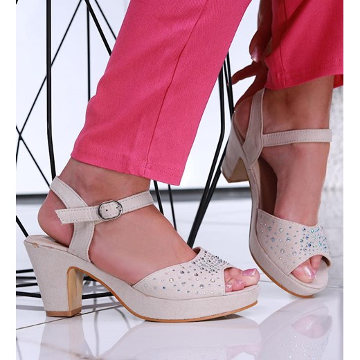 Beżowe damskie sandały na słupku i platformie /C3-2 16076 G283/ ze sklepu Pantofelek24.pl w kategorii Sandały damskie - zdjęcie 173318525