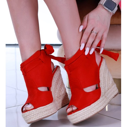Czerwone sandały espadryle na koturnie /E7-1 14119 T271/ ze sklepu Pantofelek24.pl w kategorii Sandały damskie - zdjęcie 173318576