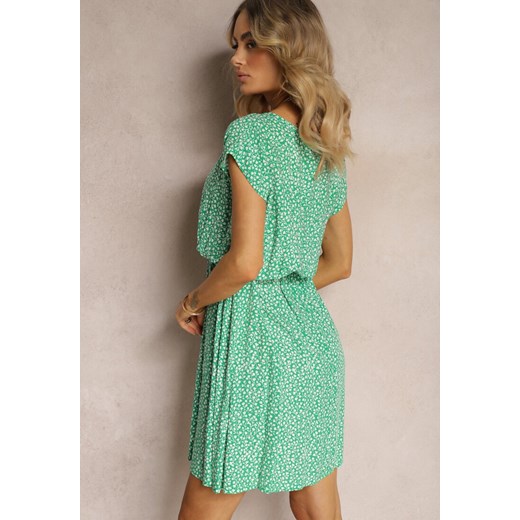 Zielona Kwiecista Sukienka z Gumką w Talii o Rozkloszowanym Kroju Ocemia Renee M okazyjna cena Renee odzież