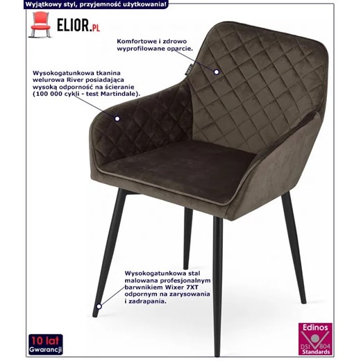 Welurowe pikowane krzesło metalowe kawa - Dante 3X Elior One Size Edinos.pl