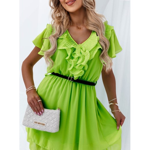 Sukienka zielona Pakuten z dekoltem w serek rozkloszowana z krótkim rękawem 