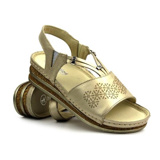 Skórzane sandały damskie na delikatnym koturnie - HELIOS Komfort 125, złote ze sklepu ulubioneobuwie w kategorii Sandały damskie - zdjęcie 173332735