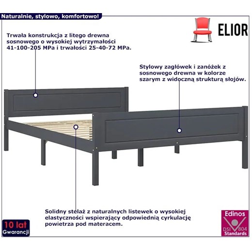 Szare podwójne łóżko z litego drewna 140x200 - Siran 5X Elior One Size wyprzedaż Edinos.pl