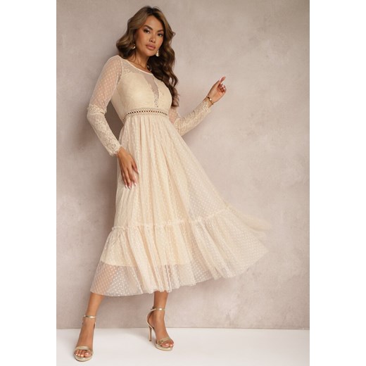 Ciemnobeżowa Rozkloszowana Sukienka Maxi z Koronkowymi Wstawkami i Tiulem Kollla ze sklepu Renee odzież w kategorii Sukienki - zdjęcie 173338626