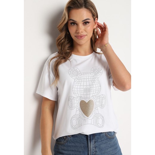 Biały Klasyczny T-shirt z Bawełny Ozdobiony Nadrukiem Risaline ze sklepu Born2be Odzież w kategorii Bluzki damskie - zdjęcie 173338847