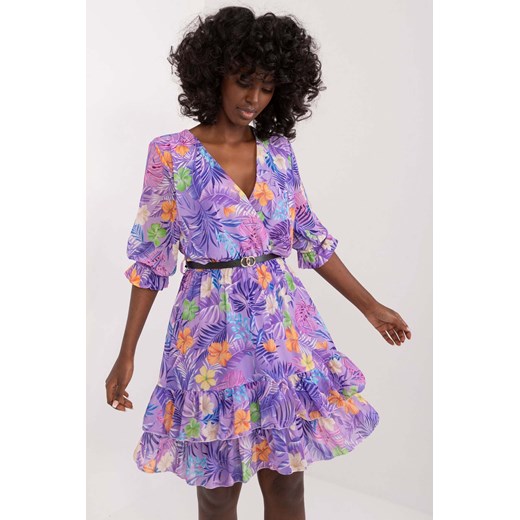 Damska fioletowa zwiewna sukienka z falbaną i paskiem Italy Moda one size okazja 5.10.15