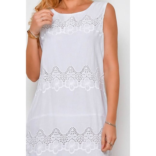 Sukienka Tarifa biała na wiosnę z koronką elegancka z okrągłym dekoltem 