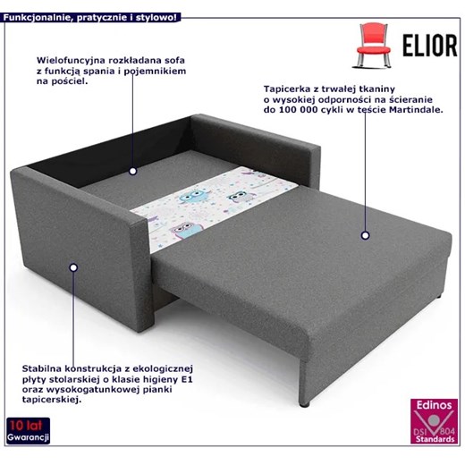 Kanapa dziecięca / młodzieżowa szara + sowy - Dayton 5X Elior One Size Edinos.pl
