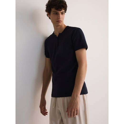 Reserved - Bawełniany t-shirt henley - granatowy Reserved L Reserved