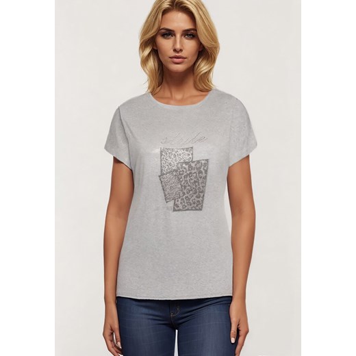 Szary Bawełniany T-shirt z Ozdobnym Napisem i Cyrkoniami Krisiona ze sklepu Born2be Odzież w kategorii Bluzki damskie - zdjęcie 173370867
