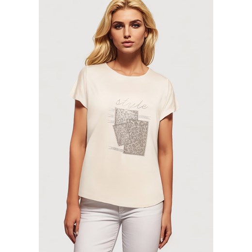 Beżowy Bawełniany T-shirt z Ozdobnym Napisem i Cyrkoniami Krisiona ze sklepu Born2be Odzież w kategorii Bluzki damskie - zdjęcie 173370876