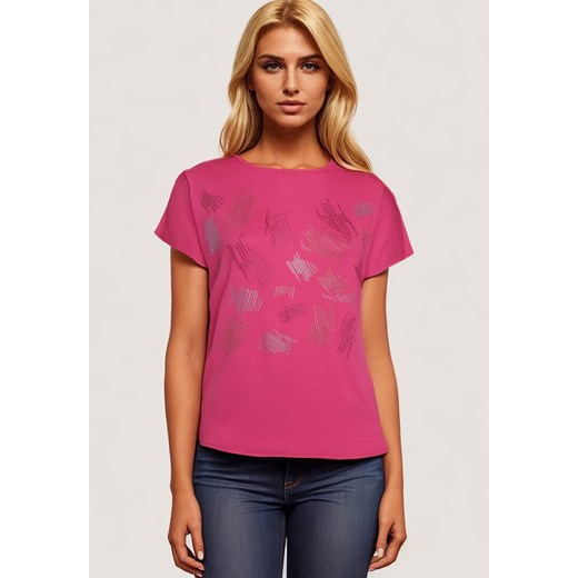 Ciemnoróżowy Klasyczny Bawełniany T-shirt Ozdobiony Cyrkoniami Christara ze sklepu Born2be Odzież w kategorii Bluzki damskie - zdjęcie 173370888