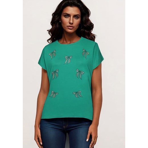 Zielony T-shirt z Bawełny z Kokardkami Ozdobionymi Cyrkoniami Rissamore ze sklepu Born2be Odzież w kategorii Bluzki damskie - zdjęcie 173370916