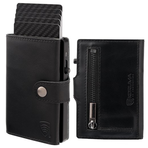 Skórzany portfel męski z kieszenią na bilon oraz aluminiowym etui z wysuwanymi kartami (czarny) ze sklepu Koruma ID Protection w kategorii Portfele męskie - zdjęcie 173375185