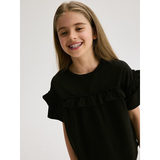 Reserved - T-shirt z falbaną - czarny ze sklepu Reserved w kategorii Bluzki dziewczęce - zdjęcie 173383325