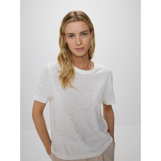 Reserved - T-shirt z wiskozą i lnem - złamana biel ze sklepu Reserved w kategorii Bluzki damskie - zdjęcie 173385508
