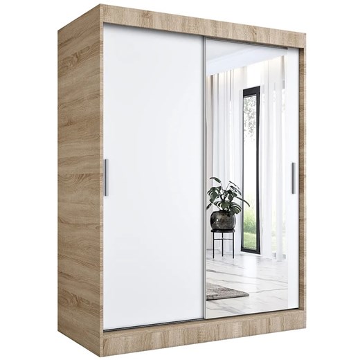 Szafa przesuwna dąb sonoma + biały 150 cm T7-M57 ze sklepu Edinos.pl w kategorii Szafy - zdjęcie 173386996