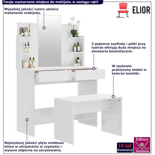 Komplet nowoczesna toaletka z lustrem i stołkiem biały połysk - Imis Elior One Size Edinos.pl