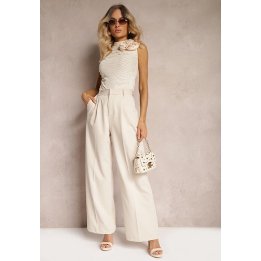 Jasnobeżowe Szerokie Spodnie High Waist Seraphella ze sklepu Renee odzież w kategorii Spodnie damskie - zdjęcie 173420167