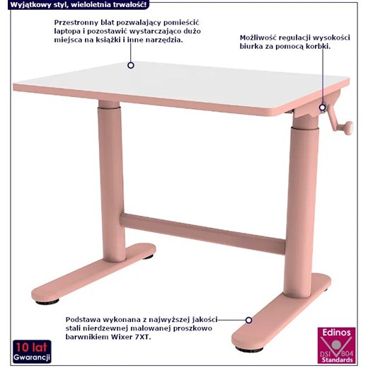 Różowe wąskie biurko ergonomiczne dziecięce - Otiso Elior One Size Edinos.pl