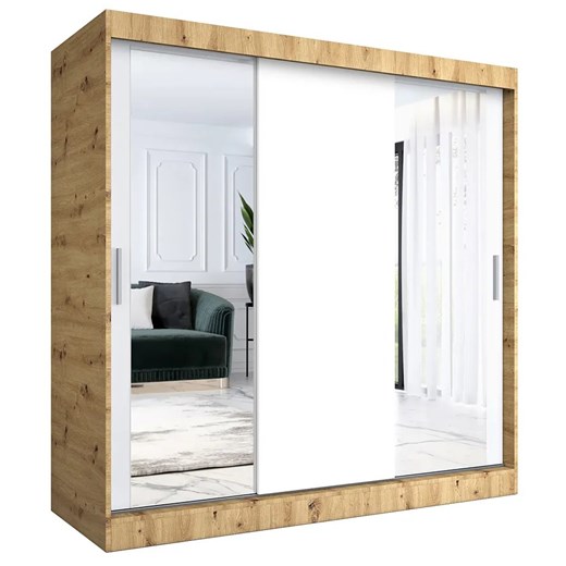 Szafa przesuwna dąb artisan + biały 200 cm - Seko 6X ze sklepu Edinos.pl w kategorii Szafy - zdjęcie 173423669