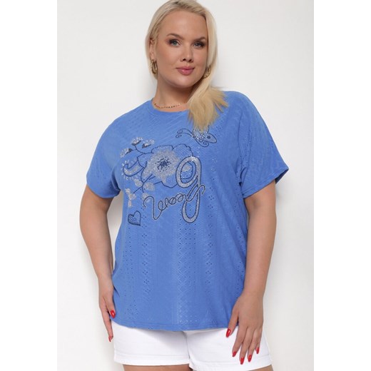 Niebieski Ażurowy T-shirt z Bawełną Ozdobiony Cyrkoniami Deviana ze sklepu Born2be Odzież w kategorii Bluzki damskie - zdjęcie 173431907