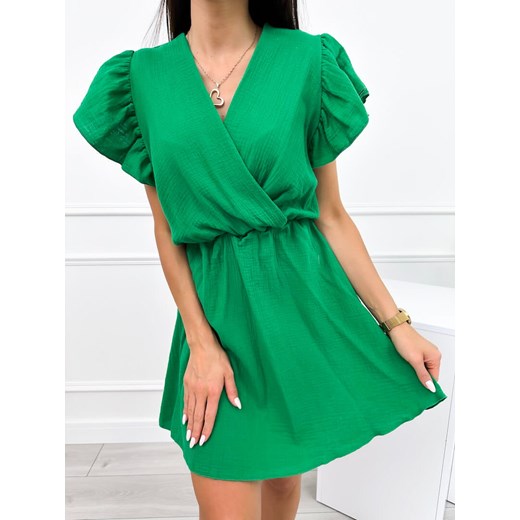 Zielona Bawełniana Sukienka z Kopertowym Dekoltem ze sklepu ModnaKiecka.pl w kategorii Sukienki - zdjęcie 173436019