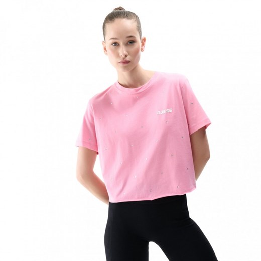 Damski t-shirt z nadrukiem Guess Skylar - różowy ze sklepu Sportstylestory.com w kategorii Bluzki damskie - zdjęcie 173446065