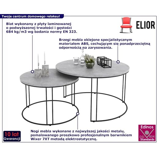 Zestaw dwóch stolików kawowych czarny + beton - Olona 4X Elior One Size Edinos.pl