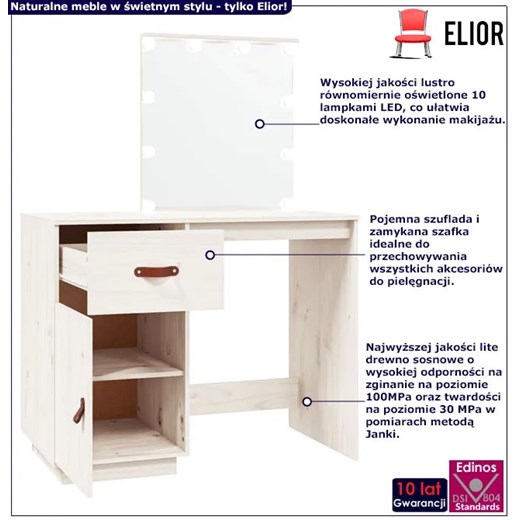 Biała drewniana toaletka z lustrem podświetalnym - Fienna Elior One Size Edinos.pl